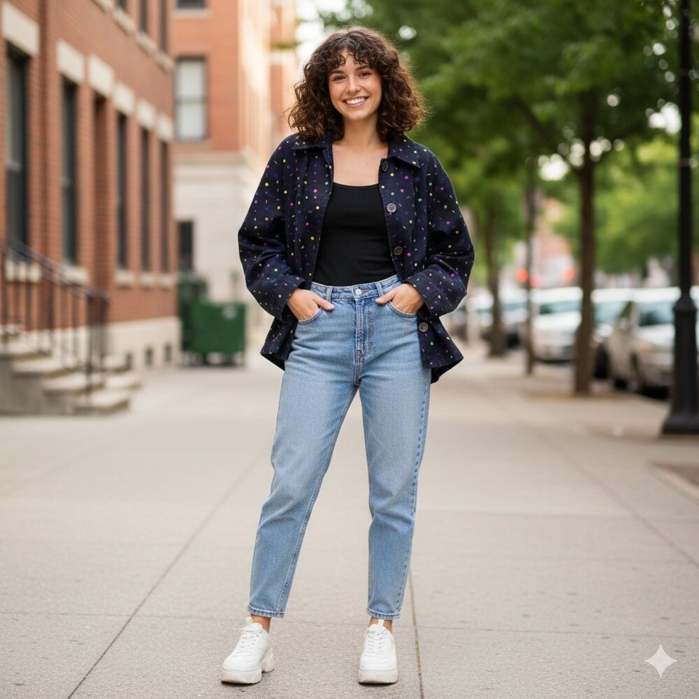 Vintage Life Style Woman Black Multicolor Dot Button Front Jacket 1X